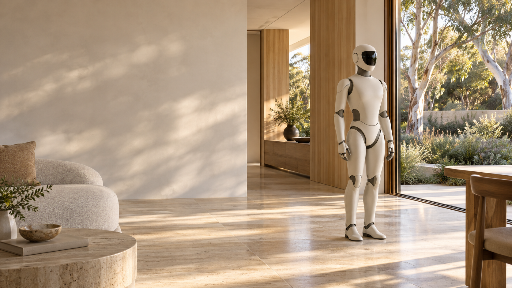 AI-generated concept: a fictional unbranded humanoid standing in a sunlit Australian-style home. Not an HHA product or deployment.